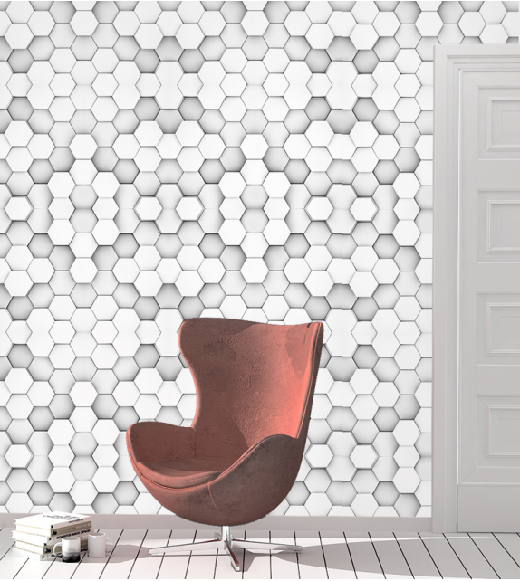 PAPEL DE PAREDE HEXÁGONO BLOCOS 3D - tons cinza e branco