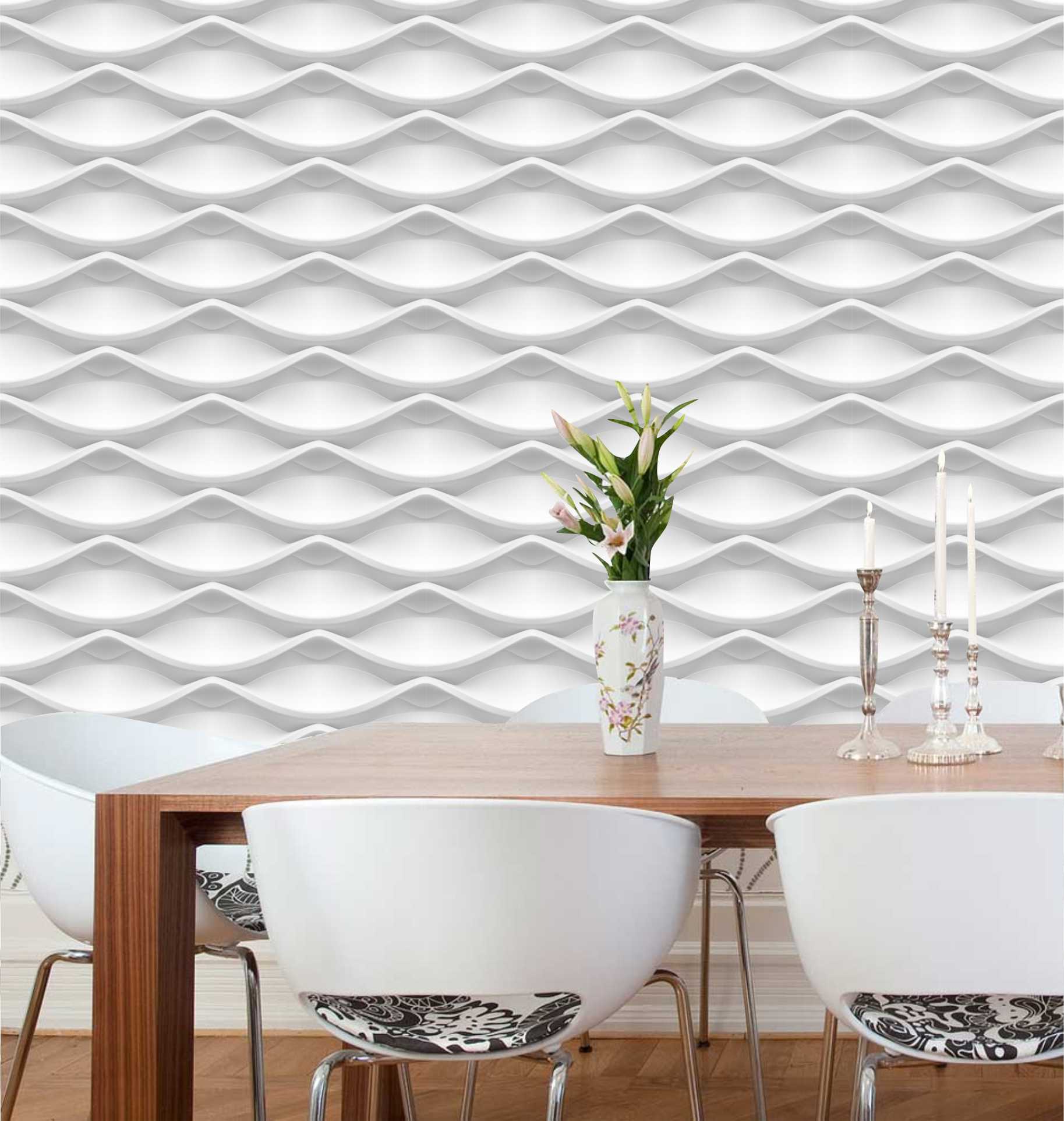 PAPEL DE PAREDE 3D WAVES BRANCO COM TONS DE CINZA