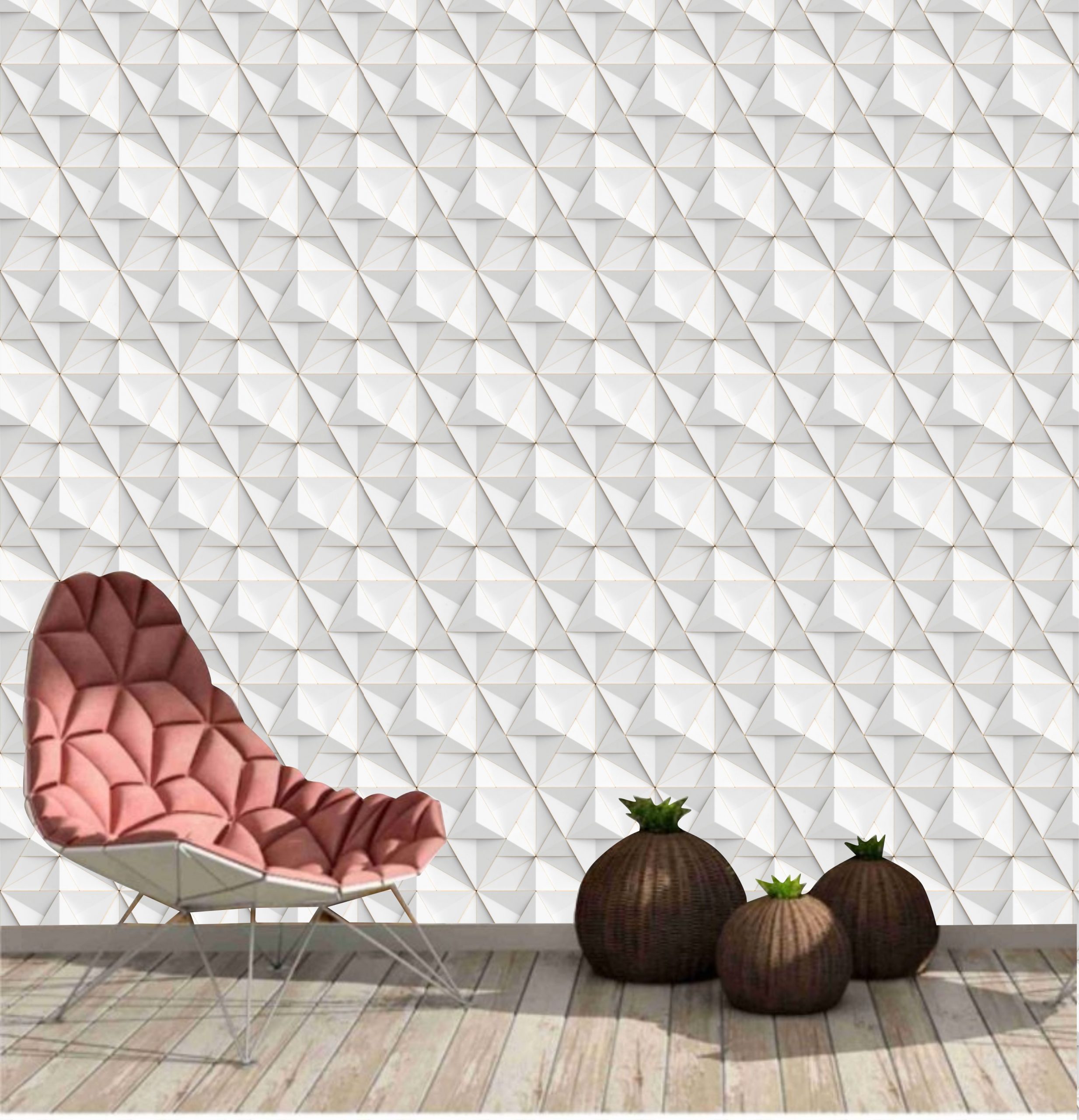 PAPEL PAREDE EFEITO 3D ESTRELA – BRANCO E CINZA DETALHES DOURADO