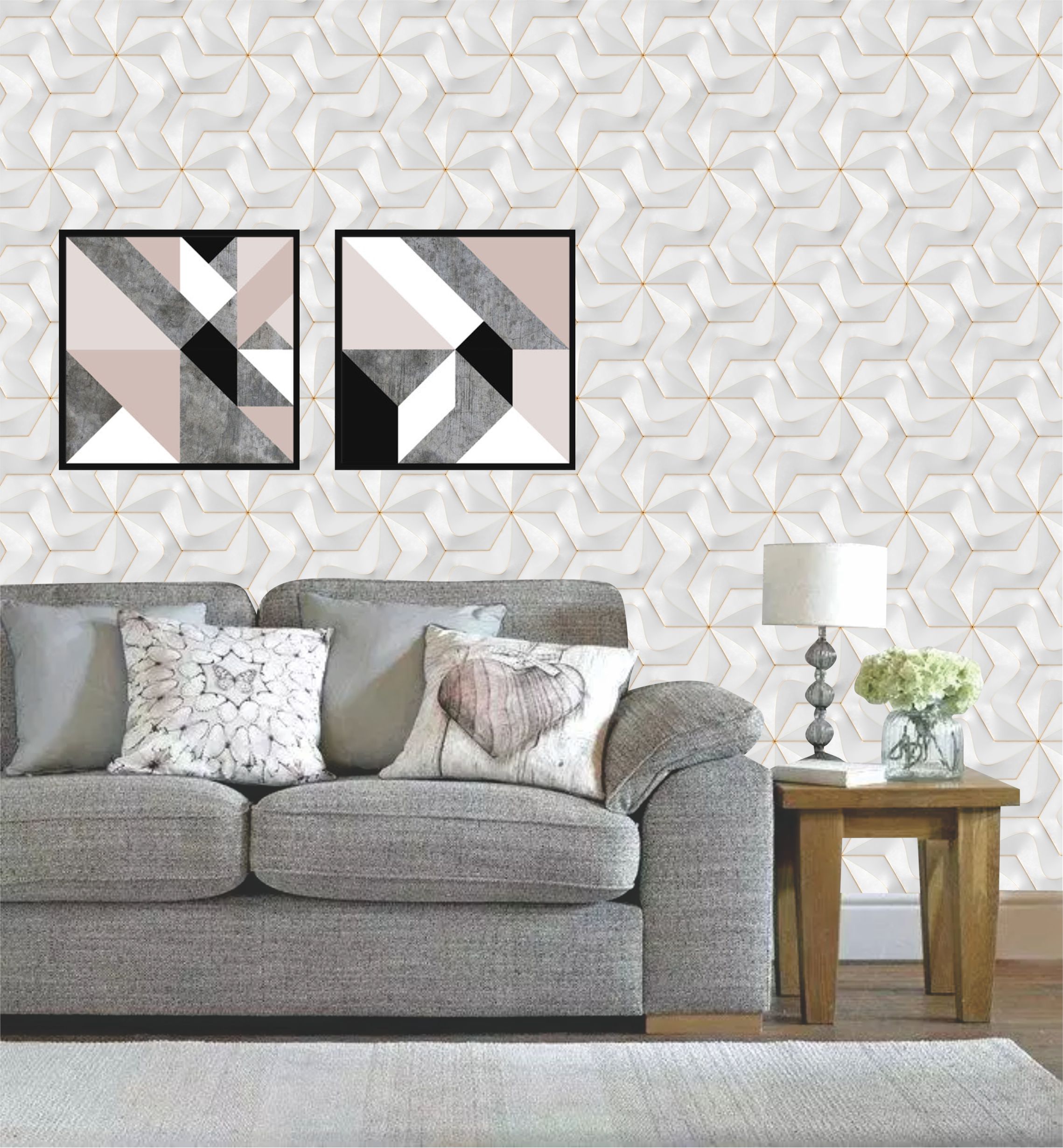PAPEL PAREDE EFEITO 3D PEDRA - BRANCO E CINZA DETALHES DOURADO