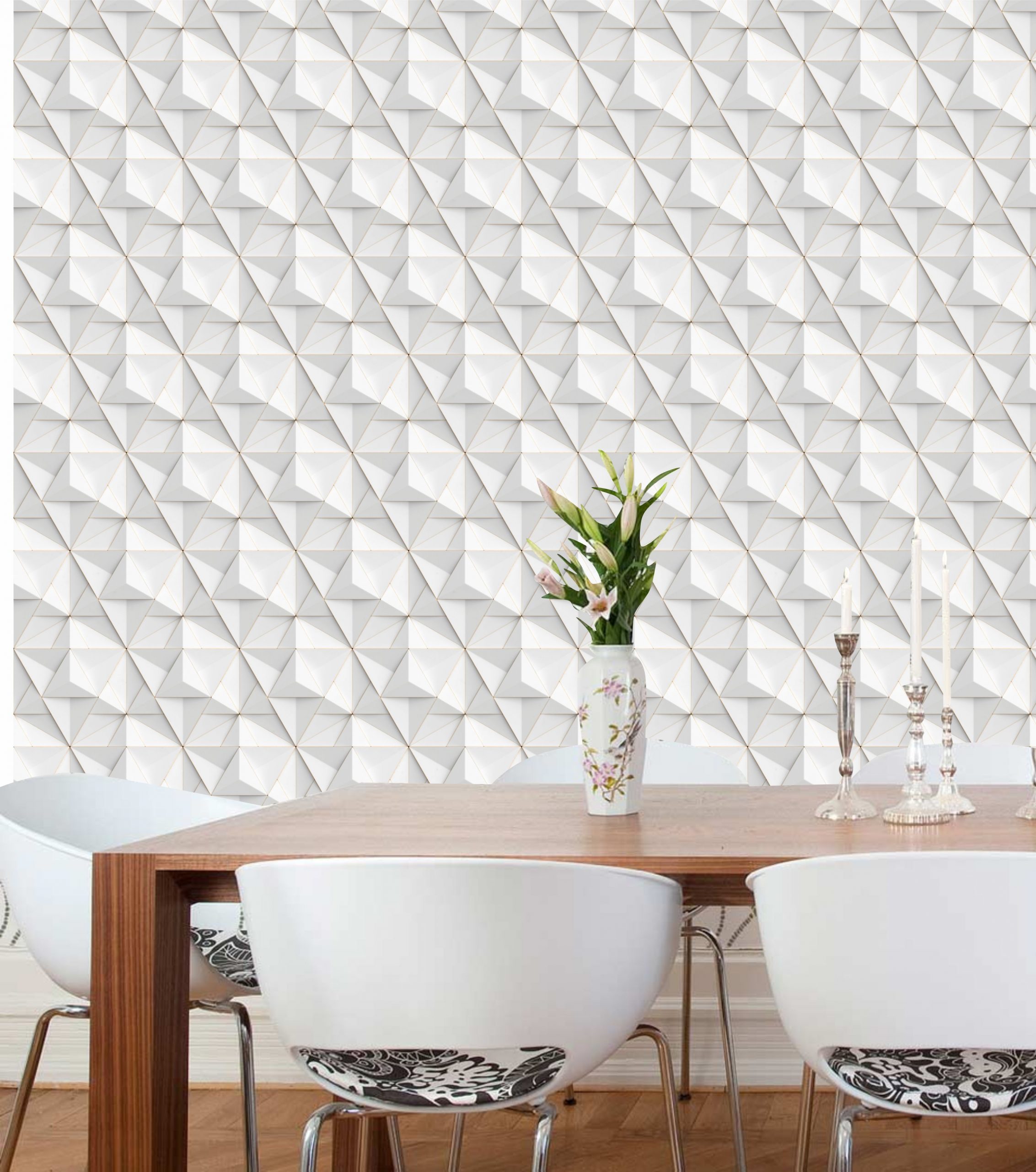 PAPEL PAREDE EFEITO 3D ESTRELA – BRANCO E CINZA DETALHES DOURADO