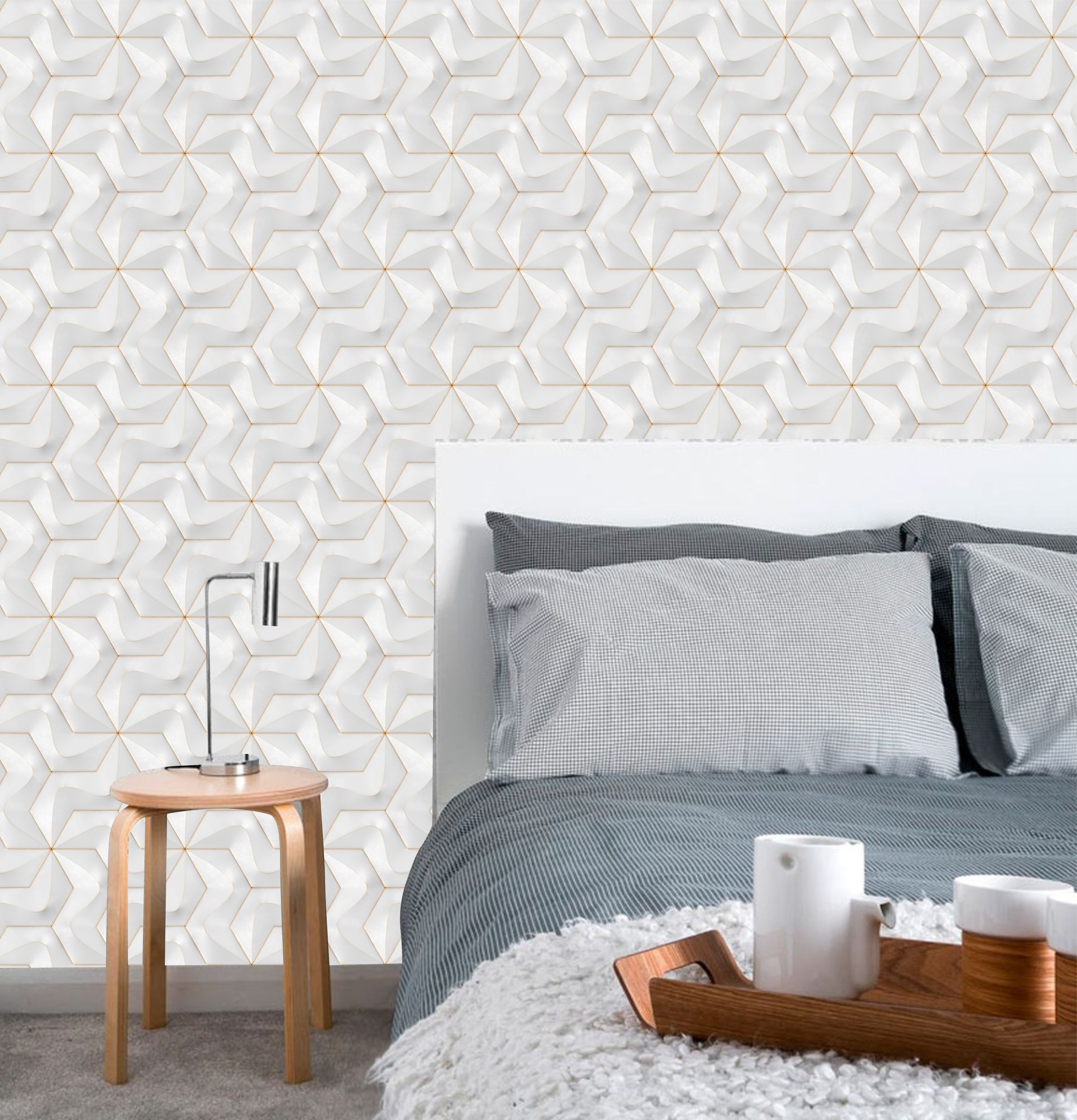 PAPEL PAREDE EFEITO 3D PEDRA - BRANCO E CINZA DETALHES DOURADO