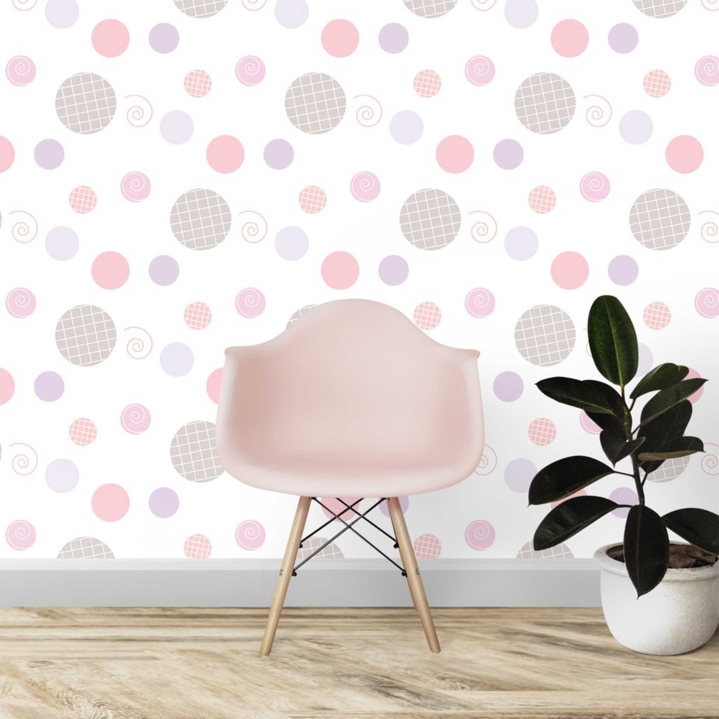 PAPEL DE PAREDE INFANTIL BOLINHAS ROSA, LILÁS E CINZA