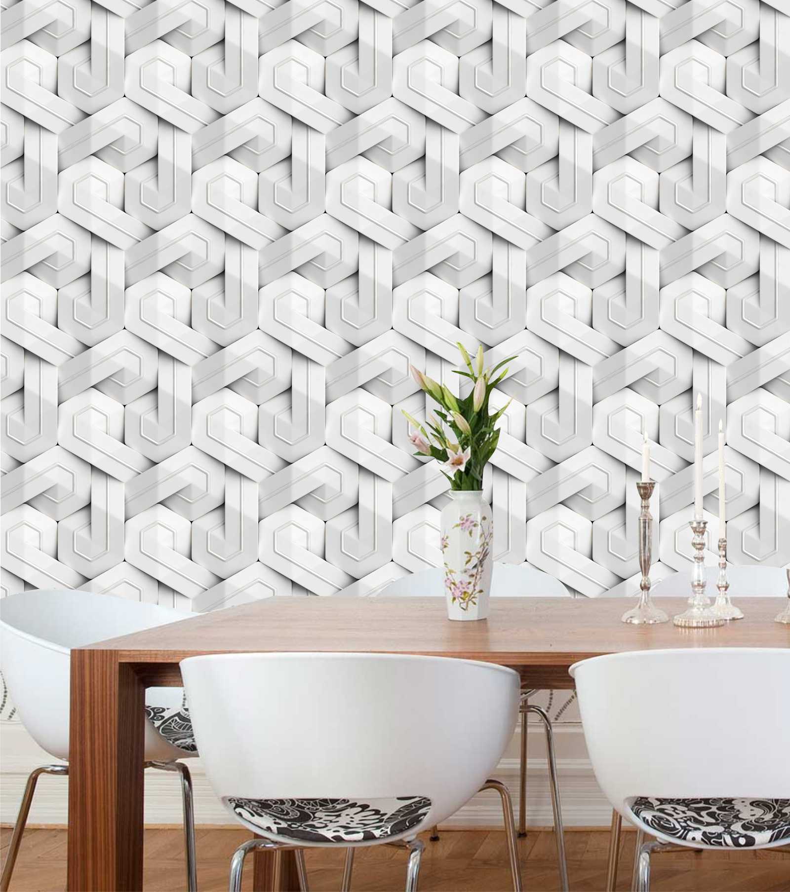 PAPEL DE PAREDE 3D FORMAS TONS BRANCO CINZA E DOURADO