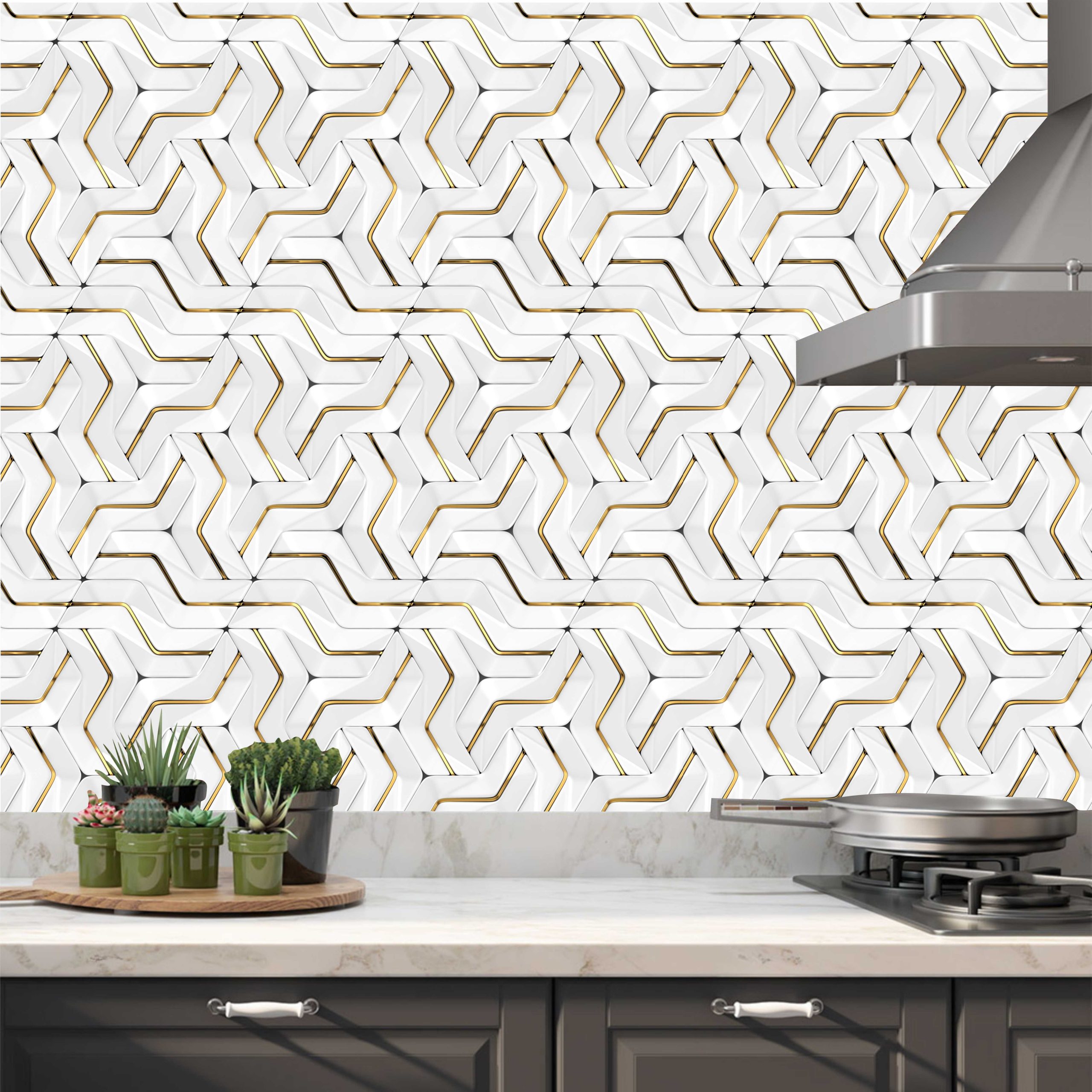 PAPEL DE PAREDE EFEITO 3D BRANCO E DOURADO
