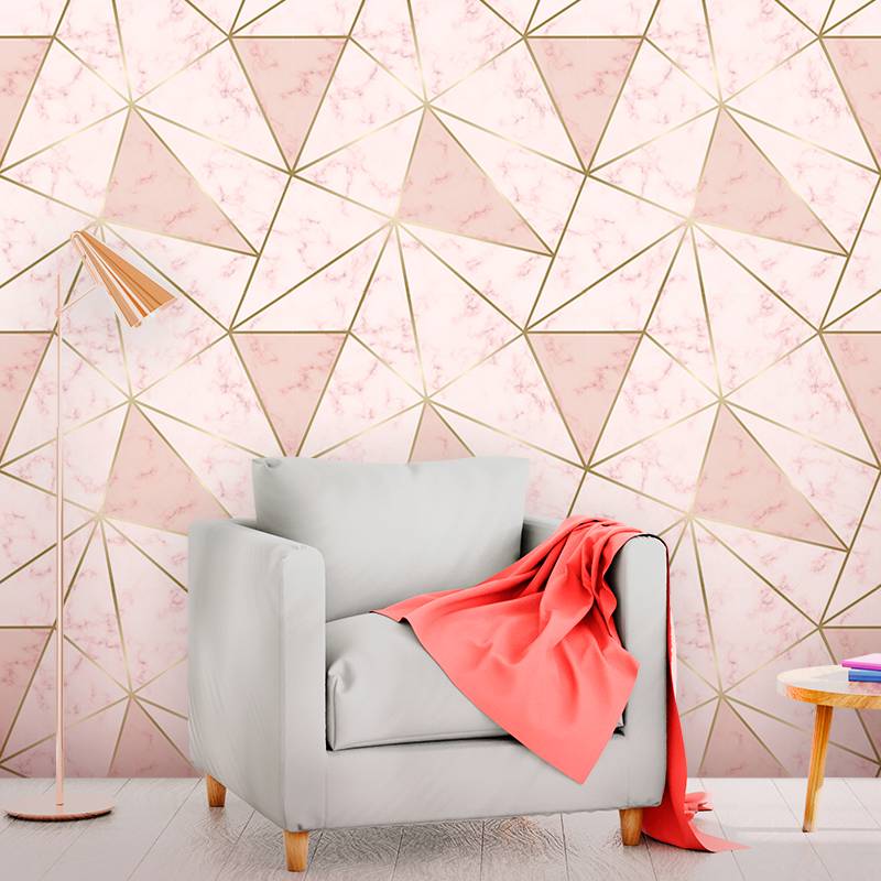 PAPEL DE PAREDE GEOMÉTRICO ROSA COM EFEITO DOURADO