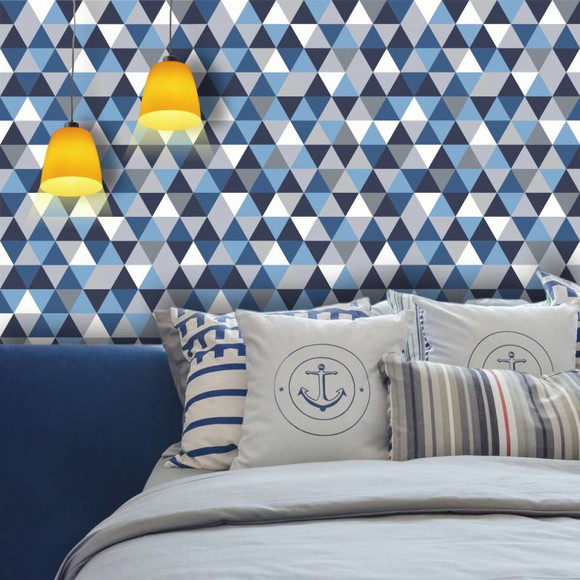 PAPEL DE PAREDE GEOMÉTRICO TRIANGULOS TONS DE AZUL COM CINZA