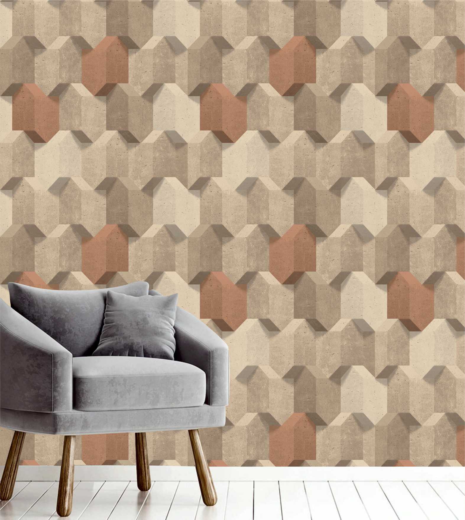 PAPEL PAREDE EFEITO 3D GEOMÉTRICO TONS LARANJA E BEGE