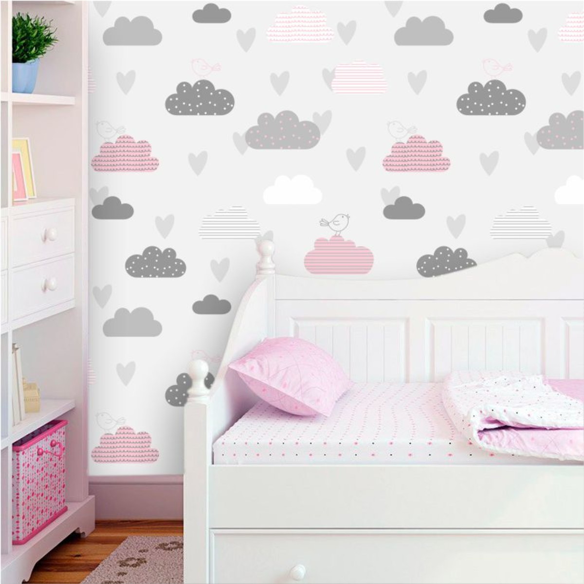 PAPEL DE PAREDE INFANTIL NUVENS E PÁSSAROS - ROSA E AZUL