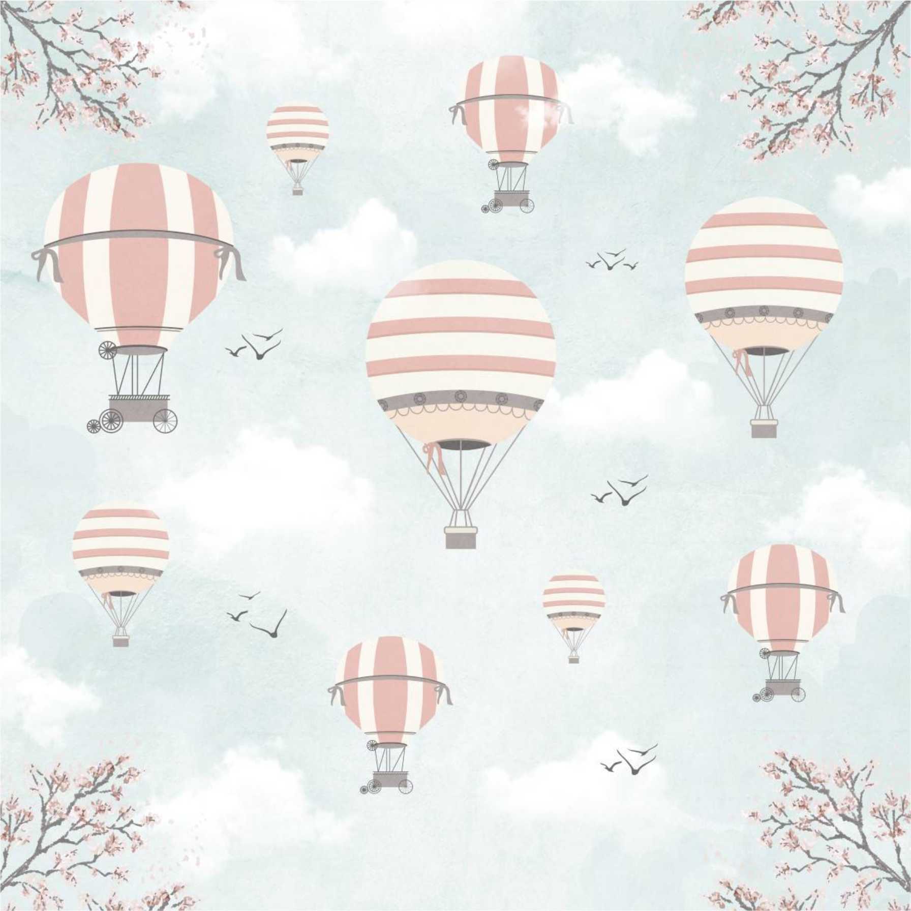 PAPEL DE PAREDE BALOES ROSA COM BRANCO FUNDO DE NUVENS