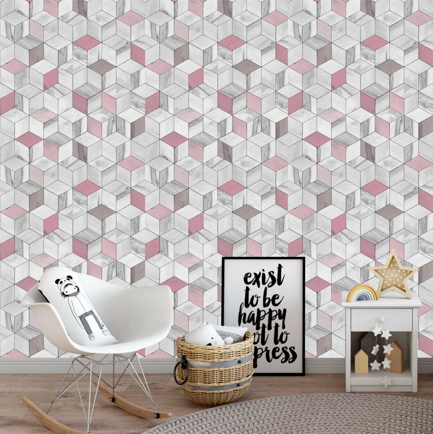 PAPEL DE PAREDE CUBOS GEOMÉTRICOS ROSA COM EFEITO MARMORE