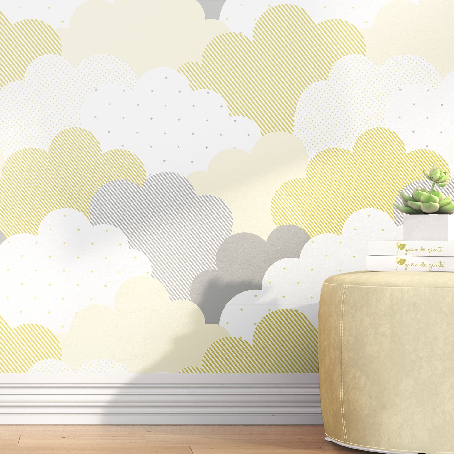PAPEL DE PAREDE NUVENS AMARELA COM BRANCO E CINZA