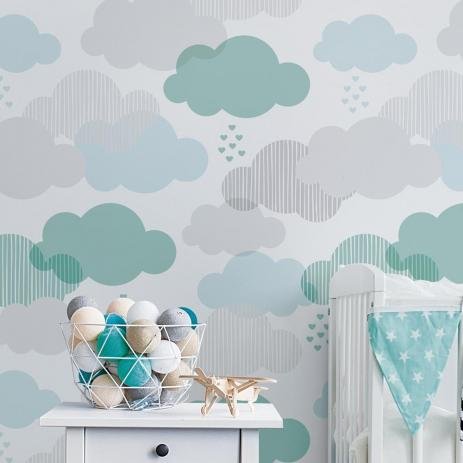 PAPEL DE PAREDE NUVENS TONS DE VERDE COM CINZA