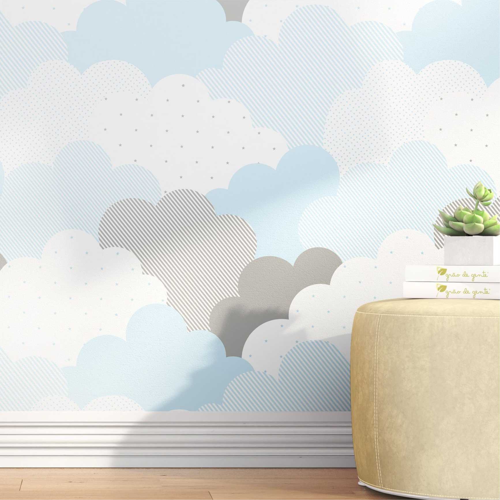 PAPEL DE PAREDE NUVENS AZUL BRANCO E CINZA