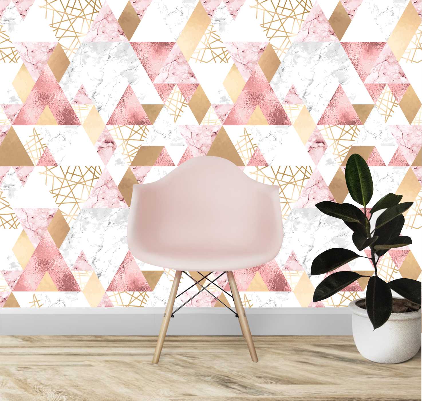 PAPEL DE PAREDE GEOMÉTRICO COM TRIÂNGULOS ROSAS DOURADO E BRANCO