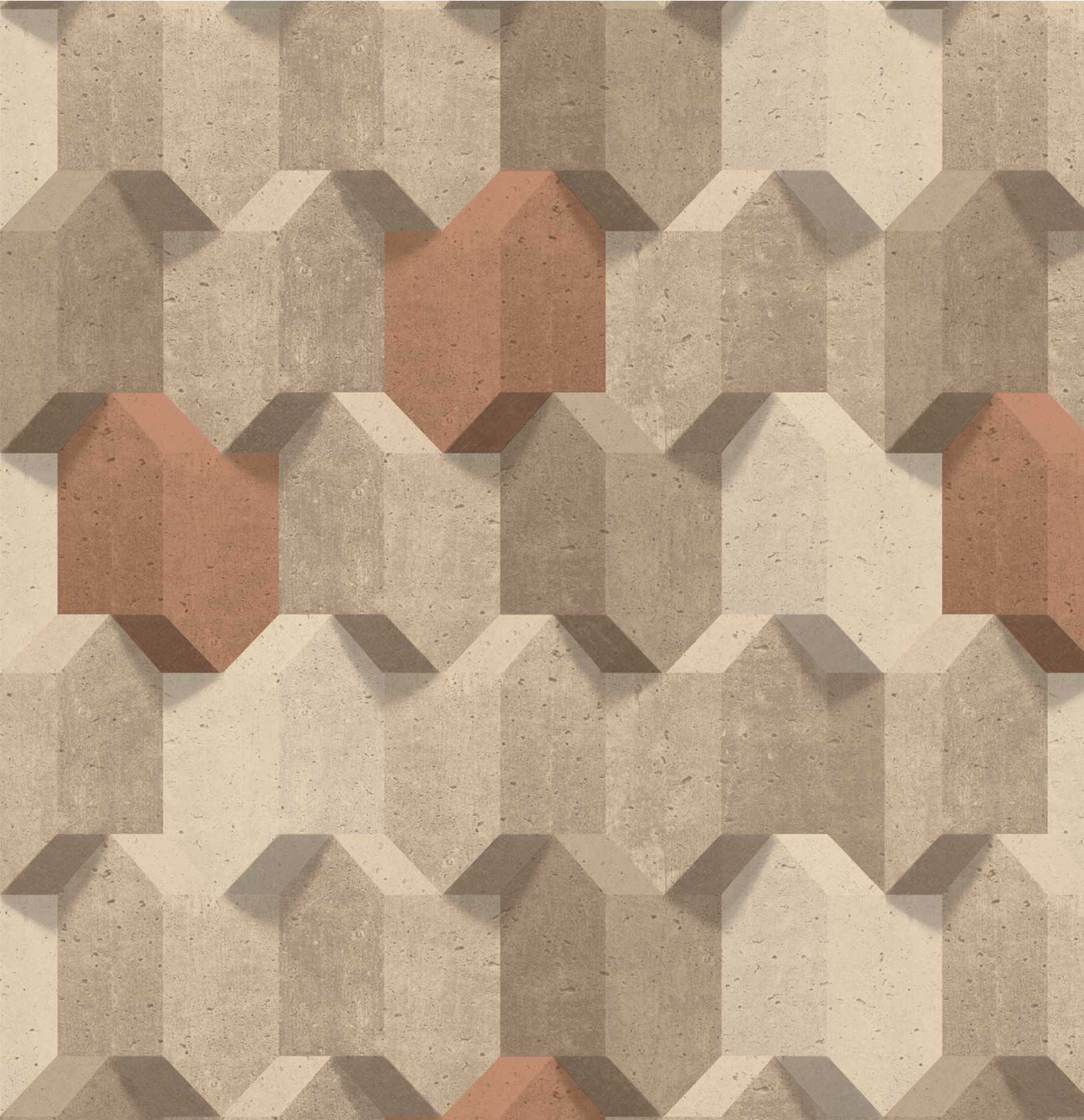 PAPEL PAREDE EFEITO 3D GEOMÉTRICO TONS LARANJA E BEGE