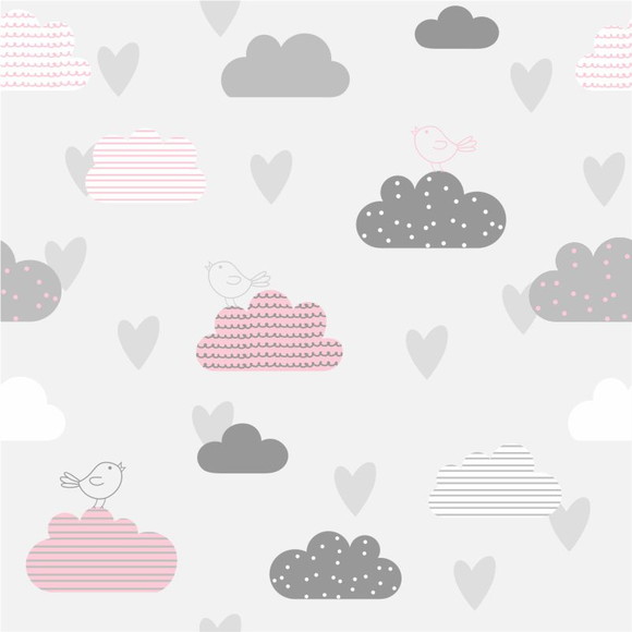 PAPEL DE PAREDE INFANTIL NUVENS E PÁSSAROS - ROSA E AZUL