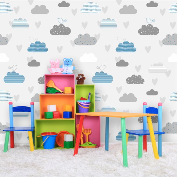 PAPEL DE PAREDE INFANTIL NUVENS E PÁSSAROS - ROSA E AZUL