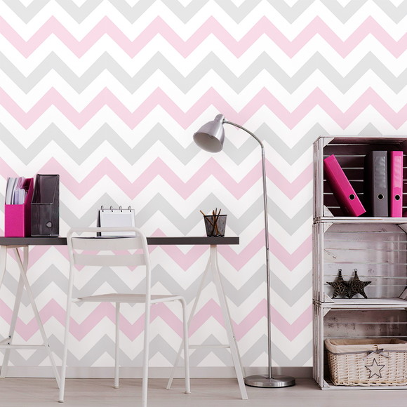 PAPEL DE PAREDE CHEVRON ROSA CINZA E BRANCO