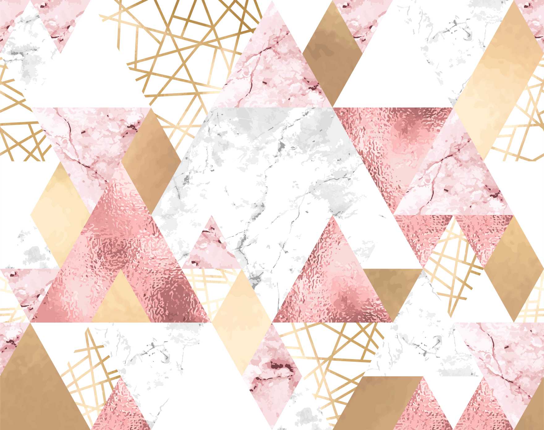 PAPEL DE PAREDE GEOMÉTRICO COM TRIÂNGULOS ROSAS DOURADO E BRANCO