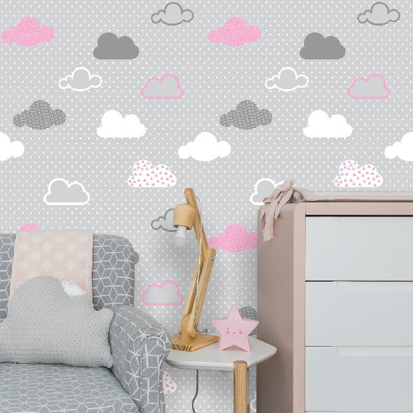 PAPEL PAREDE INFANTIL NUVENS COM FUNDO POA CINZA