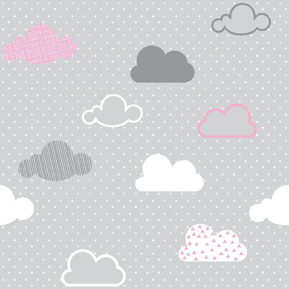 PAPEL PAREDE INFANTIL NUVENS COM FUNDO POA CINZA