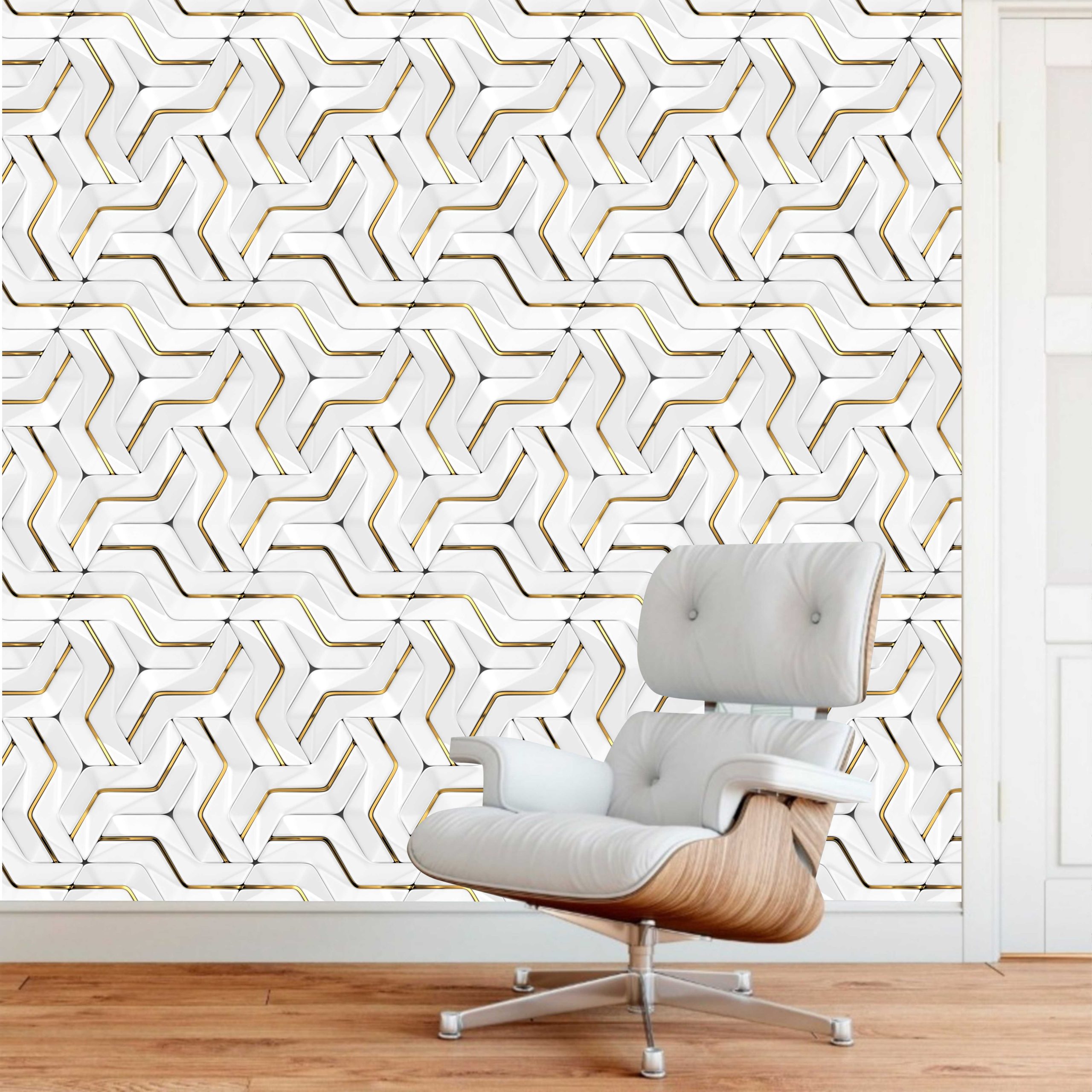 PAPEL DE PAREDE EFEITO 3D BRANCO E DOURADO