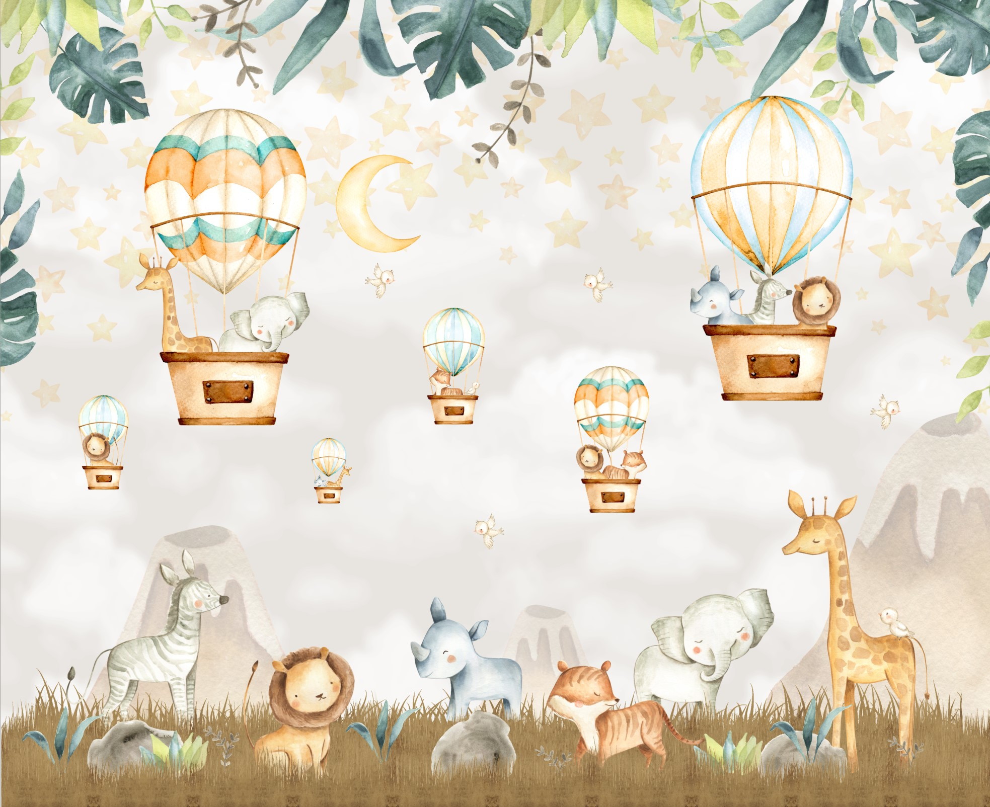 PAPEL DE PAREDE INFANTIL BALÕES E ANIMAIS SAFÁRI
