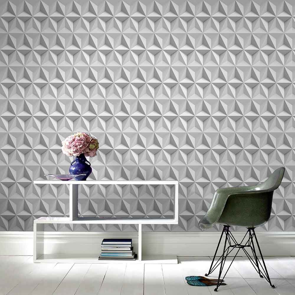 PAPEL DE PAREDE EFEITO 3D ESTRELAS TONS DE CINZA E BRANCO