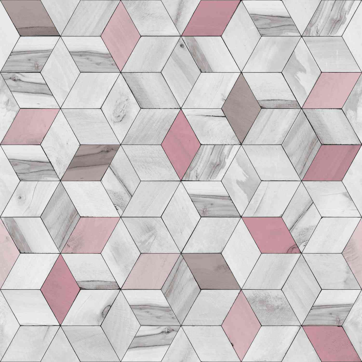 PAPEL DE PAREDE CUBOS GEOMÉTRICOS ROSA COM EFEITO MARMORE
