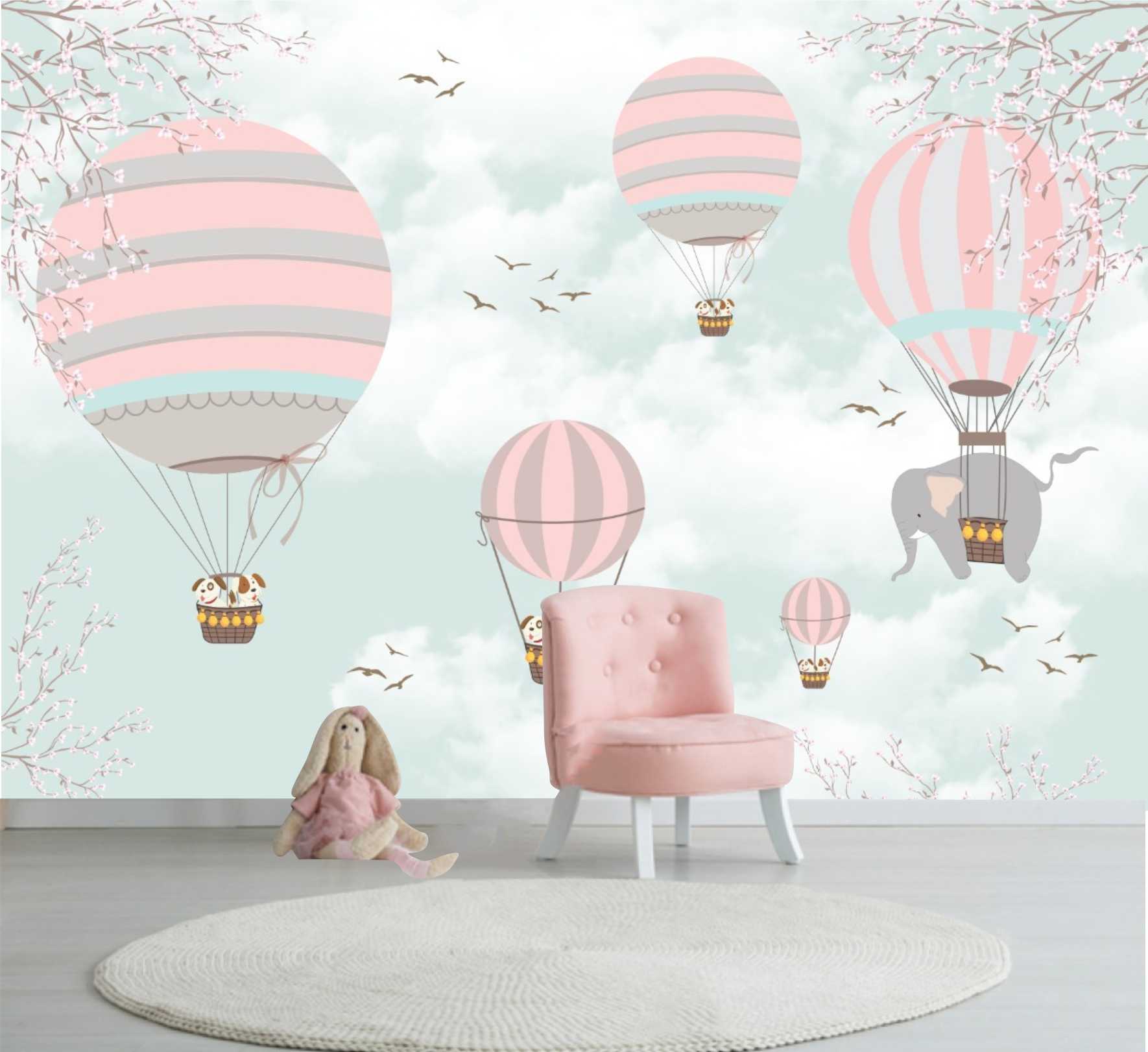 PAPEL DE PAREDE INFANTIL BALÕES ROSAS E FUNDO VERDE CLARO