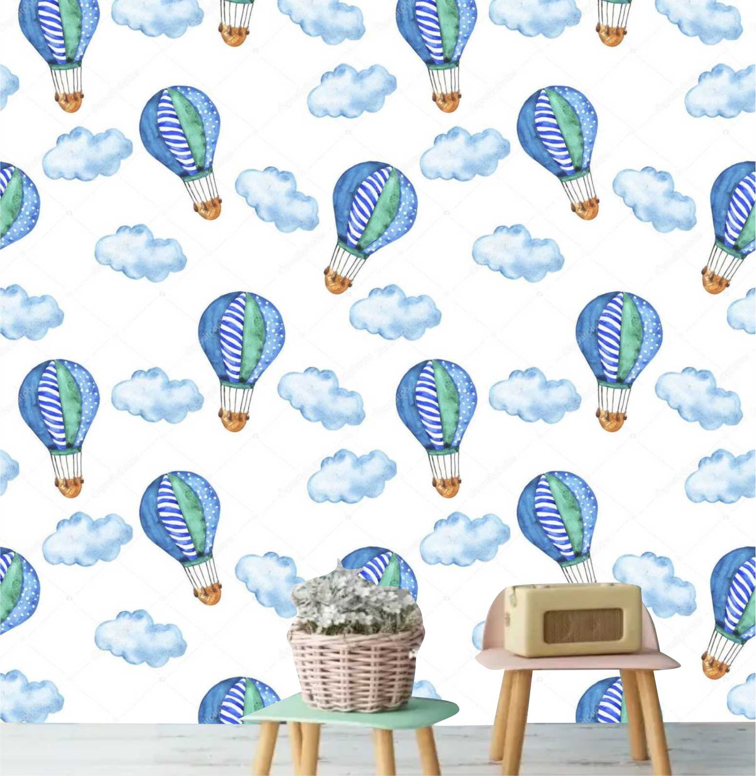 PAPEL DE PAREDE BALOES E NUVENS AQUARELA TONS DE AZUL