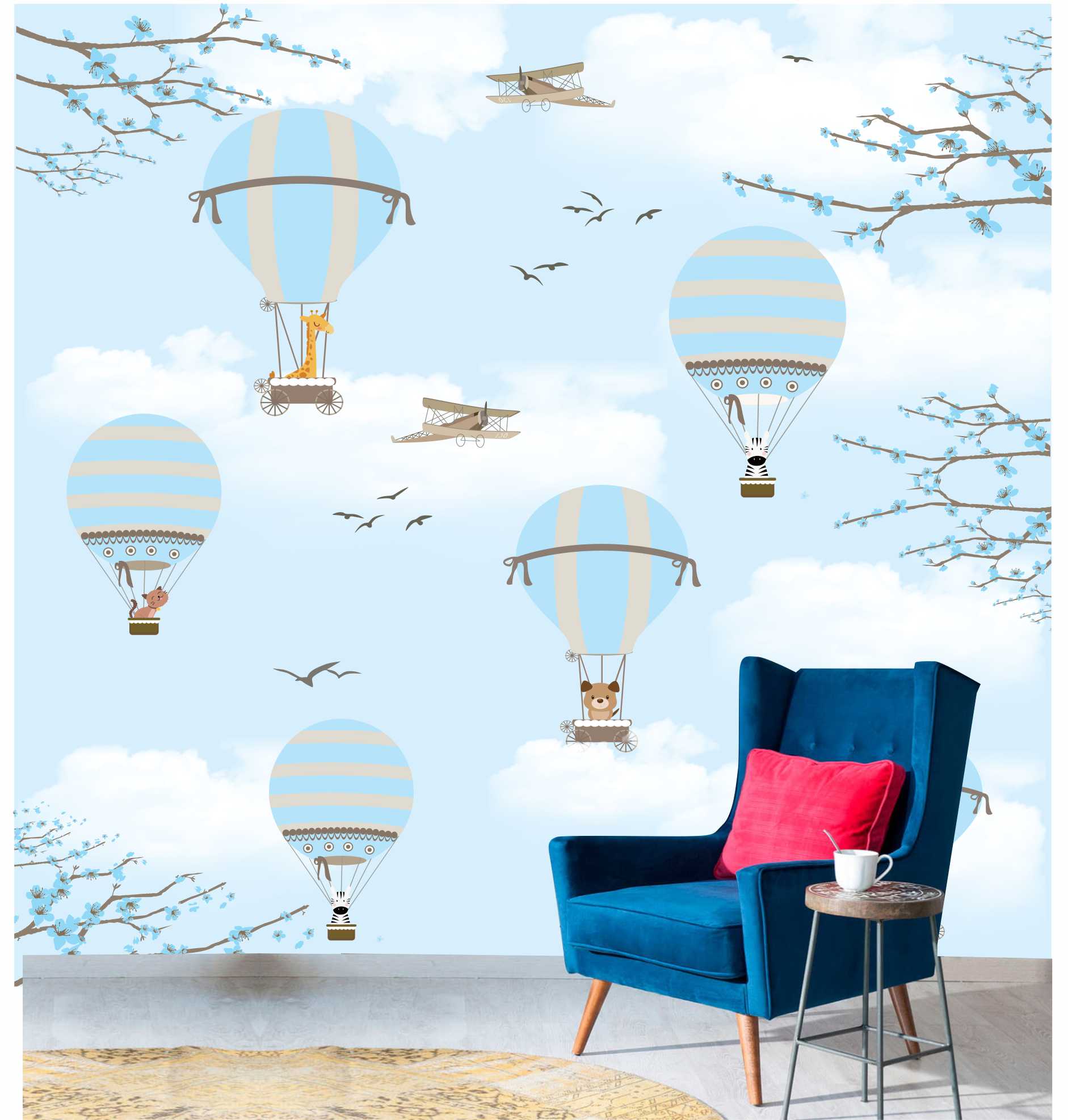 PAPEL DE PAREDE BALÕES COM ANIMAIS CEU AZUL E NUVENS