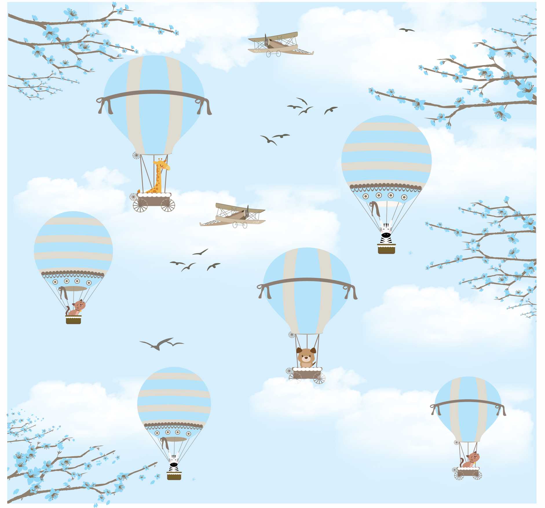 PAPEL DE PAREDE BALÕES COM ANIMAIS CEU AZUL E NUVENS