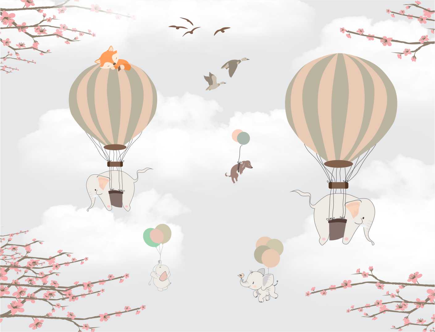PAPEL DE PAREDE ELEFANTES COM BALÕES - CEÚ CINZA