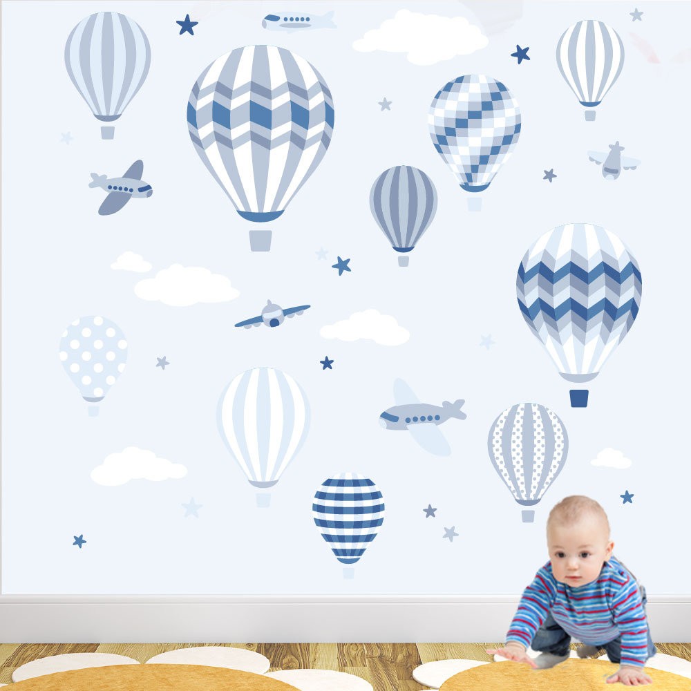 PAPEL DE PAREDE AVIÕES E BALÕES TONS AZUIS