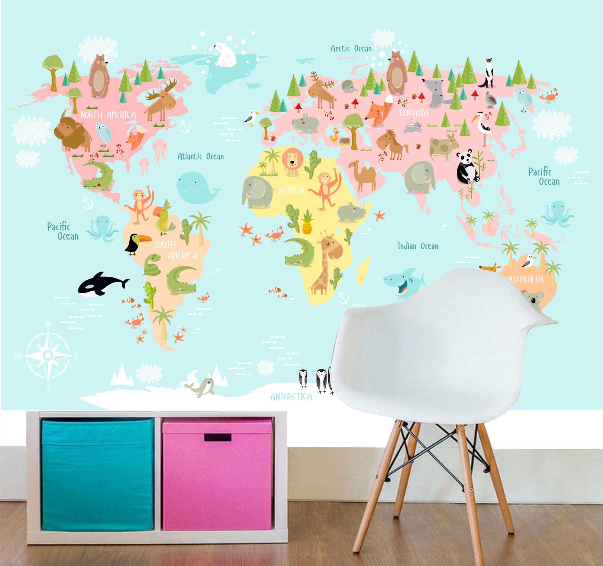 PAPEL DE PAREDE INFANTIL MAPA MUNDI (MUNDO) ANIMAIS