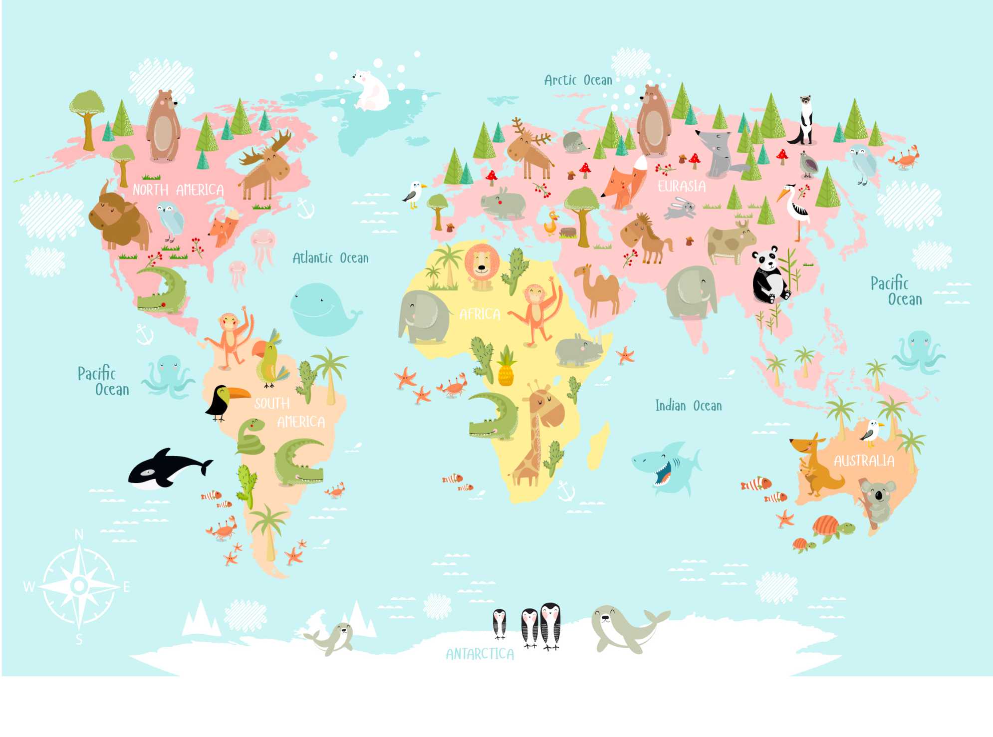 PAPEL DE PAREDE INFANTIL MAPA MUNDI (MUNDO) ANIMAIS