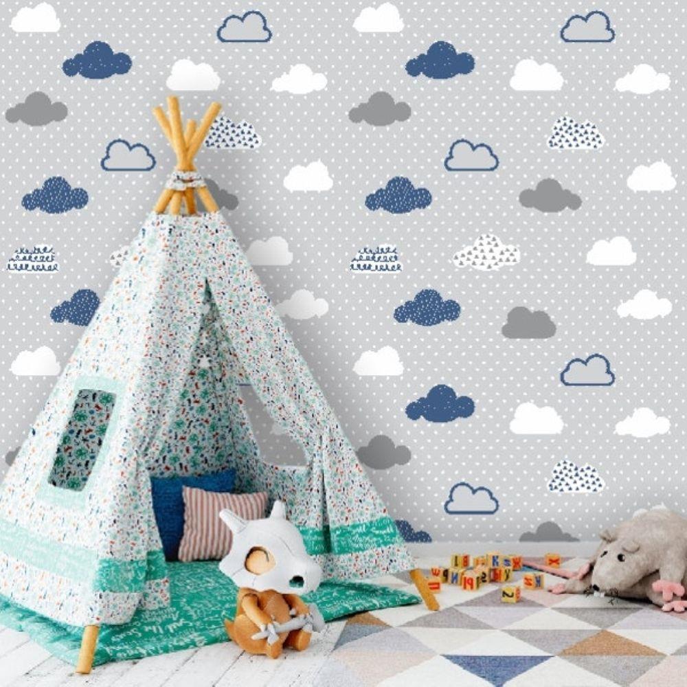 PAPEL PAREDE NUVENS AZUL E BRANCO FUNDO POÁ
