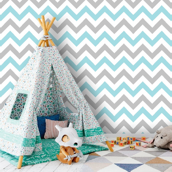 PAPEL DE PAREDE CHEVRON AZUL VERDE TURQUESA COM CINZA E BRANCO