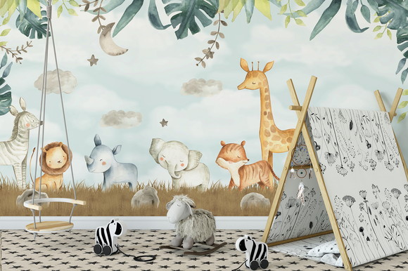 PAPEL DE PAREDE INFANTIL SAFÁRI CÉU AZUL