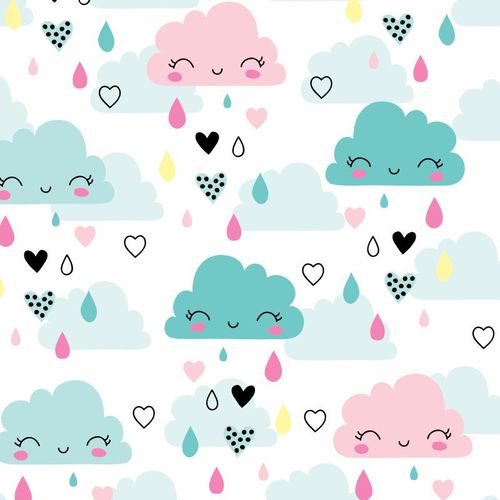PAPEL PAREDE CHUVA DE AMOR NUVENS ROSA E VERDE