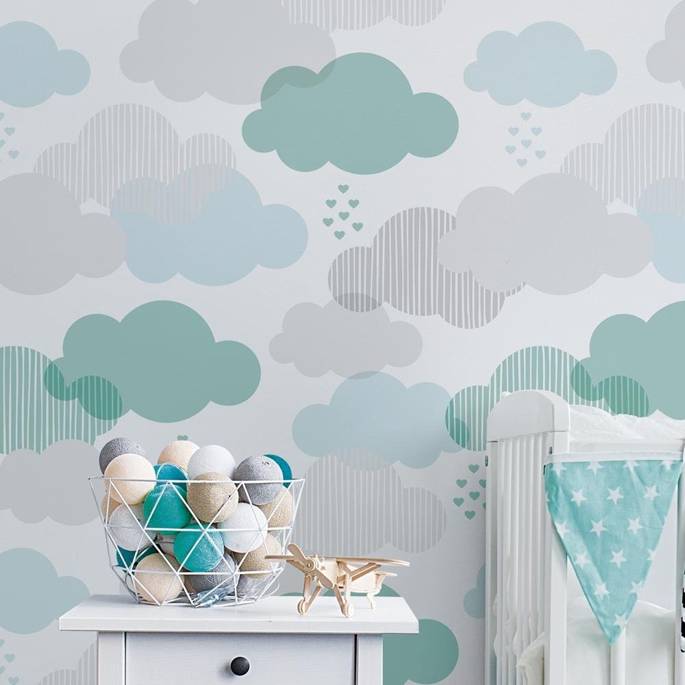 PAPEL DE PAREDE NUVENS COM TONS VERDE E CINZA