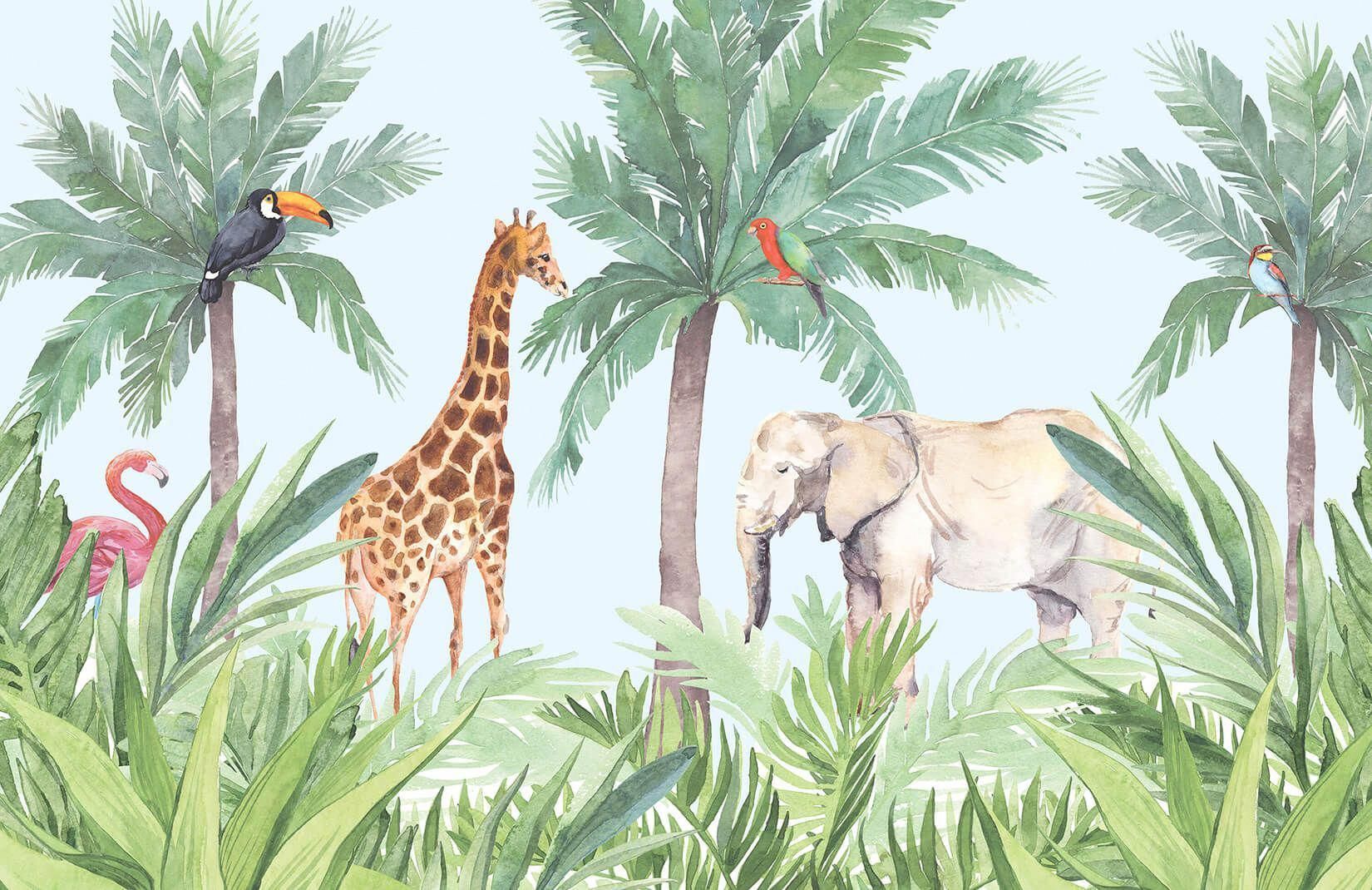 PAPEL DE PAREDE SAFARÍ ELEFANTE GIRAFA E PÁSSAROS AQUARELA