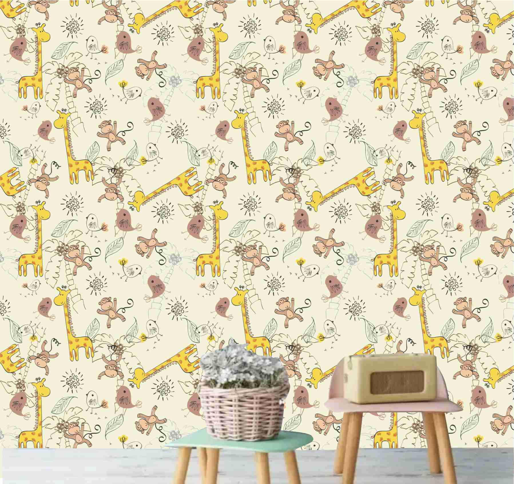 PAPEL DE PAREDE SAFÁRI FUNDO AMARELO CLARO
