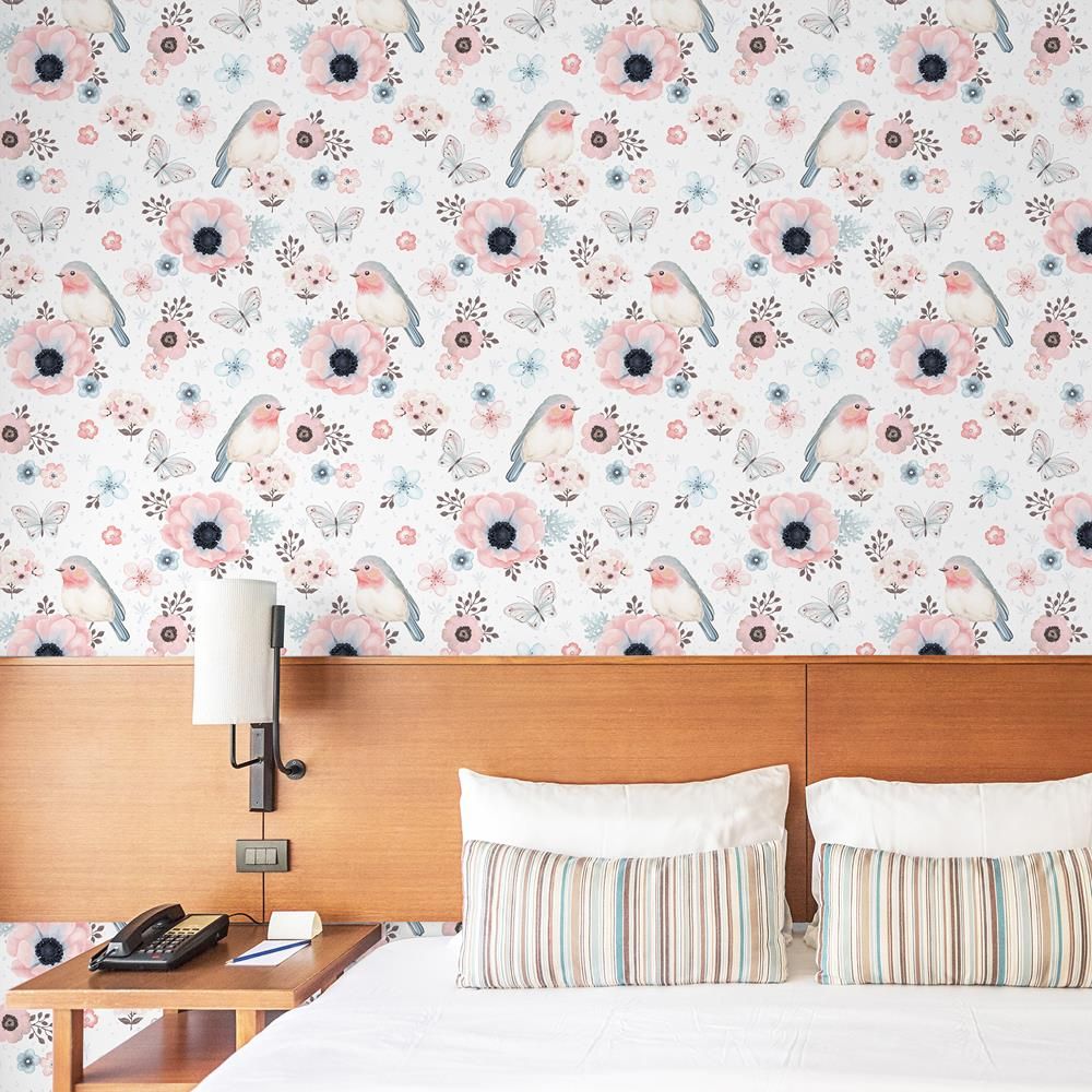 PAPEL DE PAREDE PÁSSAROS, BORBOLETAS E FLORES AQUARELA