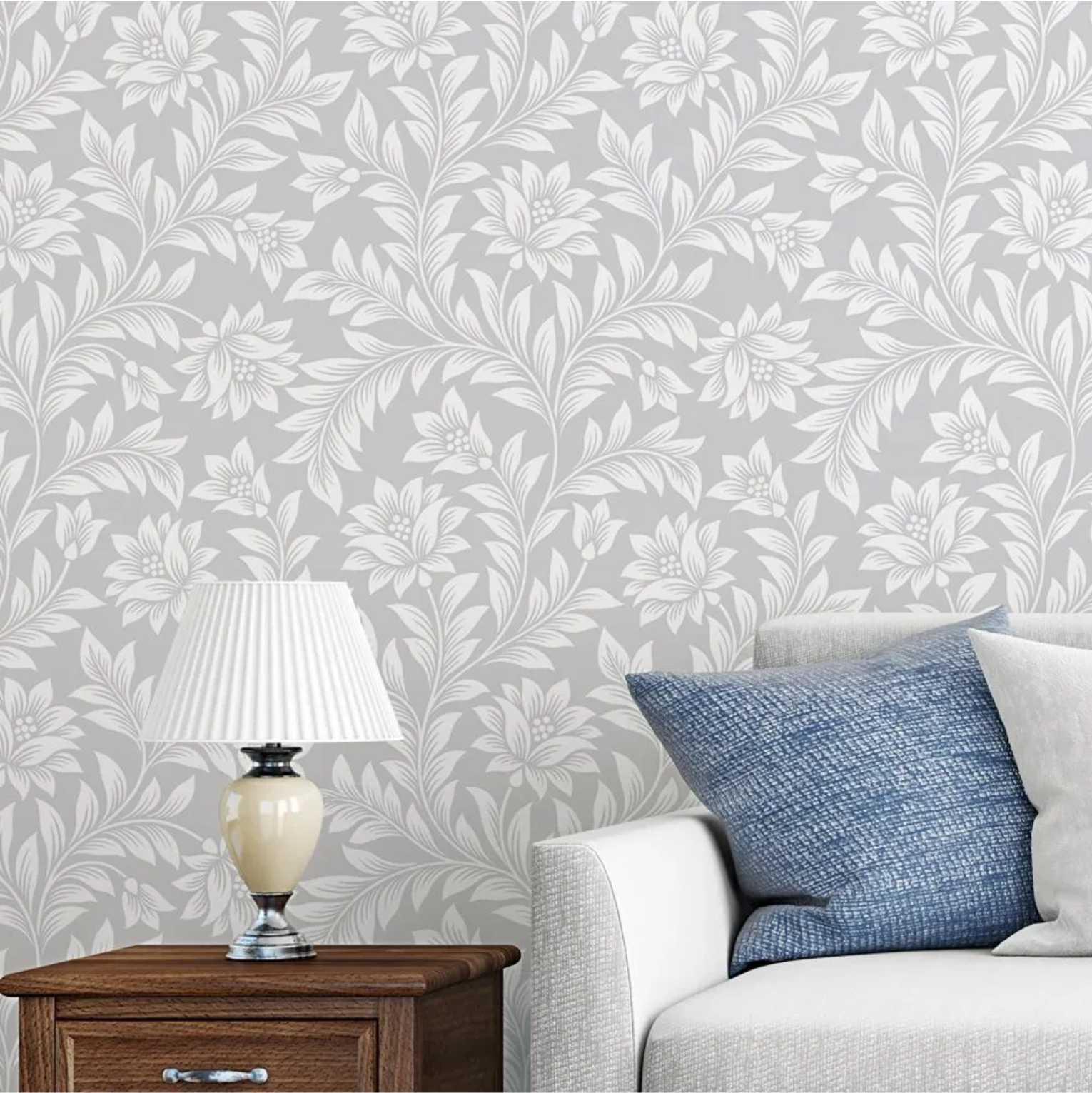 PAPEL DE PAREDE FLORAL BRANCO COM CINZA