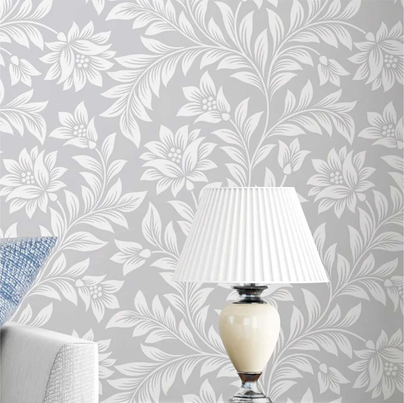 PAPEL DE PAREDE FLORAL BRANCO COM CINZA