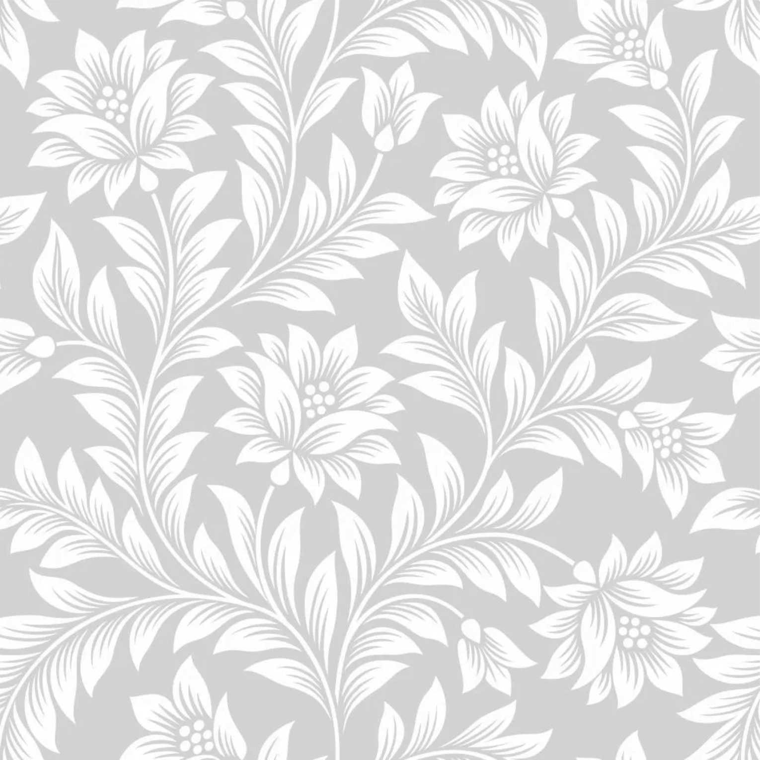 PAPEL DE PAREDE FLORAL BRANCO COM CINZA