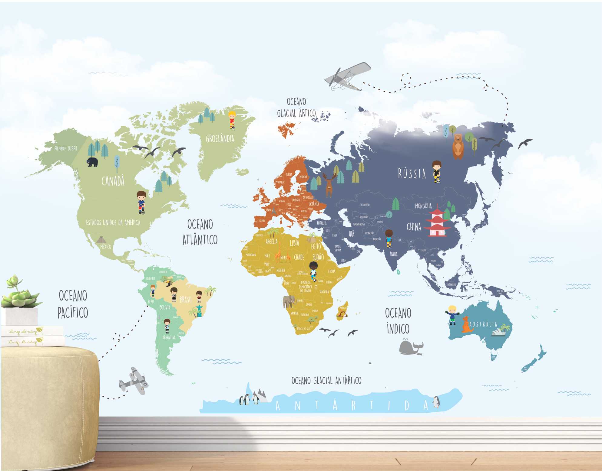 PAPEL DE PAREDE MAPA MUNDO INFANTIL COM ANIMAIS